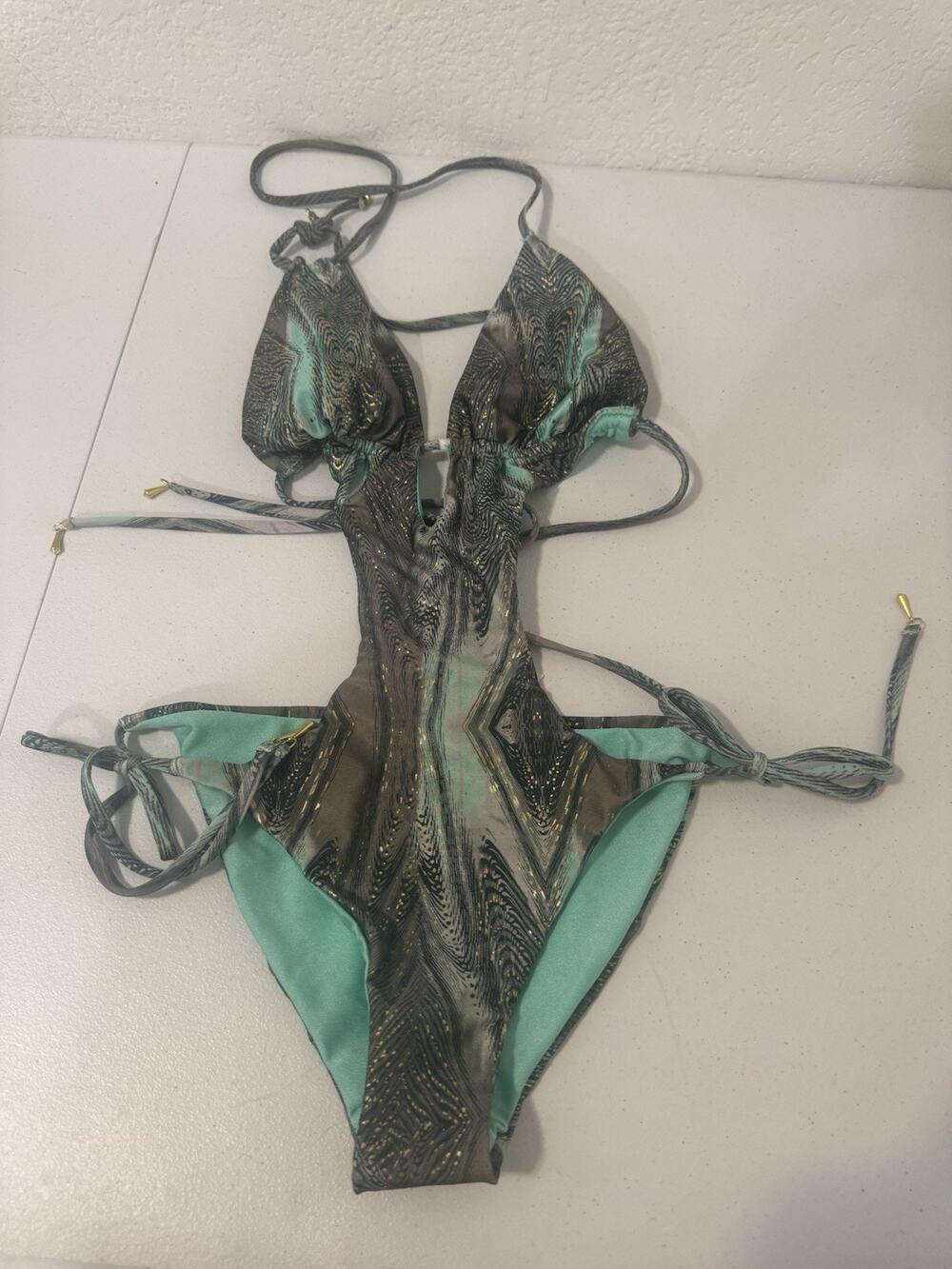 Bellissima 1 Piece Bikini Womens Large Blue Gold Bathing Suit Strappy Cutouts
